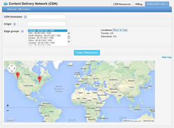 Screenshot of the CDN manager: hostname and origin fields, an edge-group list, and a world map with markers for the Toronto and Vancouver locations