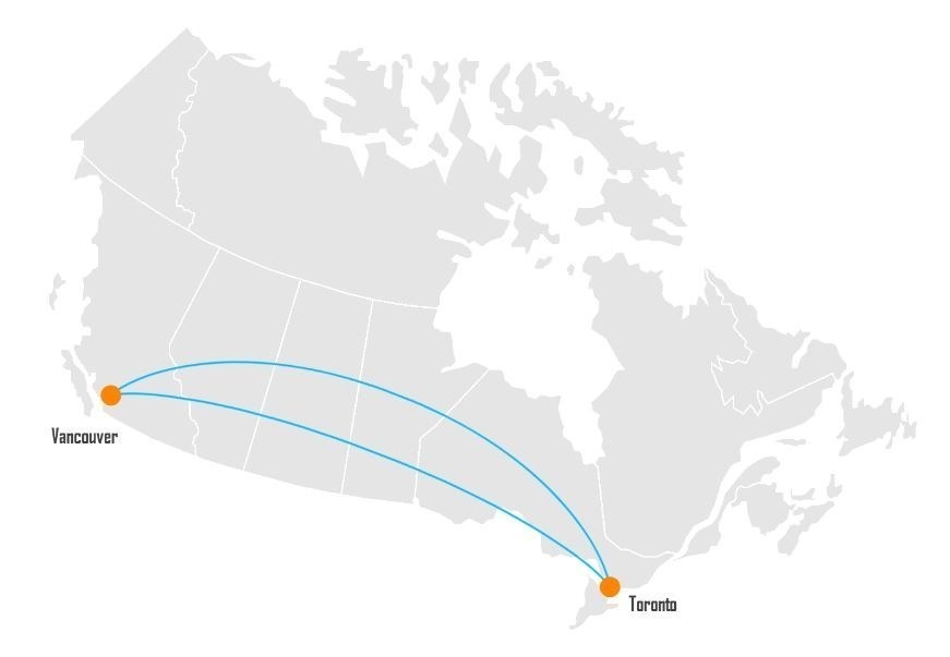 Outline map of Canada with Vancouver and Toronto marked and two arcs drawn between them